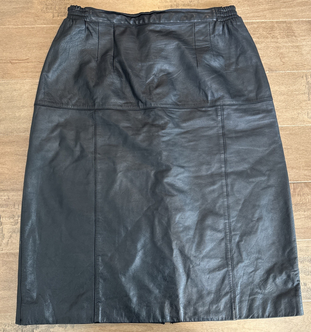 Vintage La Covina Black Leather Skirt Size 16 Mid Calf Knee Length 80s 90s Goth